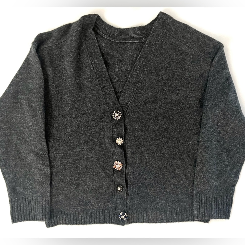 CeCe Charcoal Gray Embellished Button Cardigan – Soft Knit V-Neck Sweater SZ: S - Picture 2 of 14